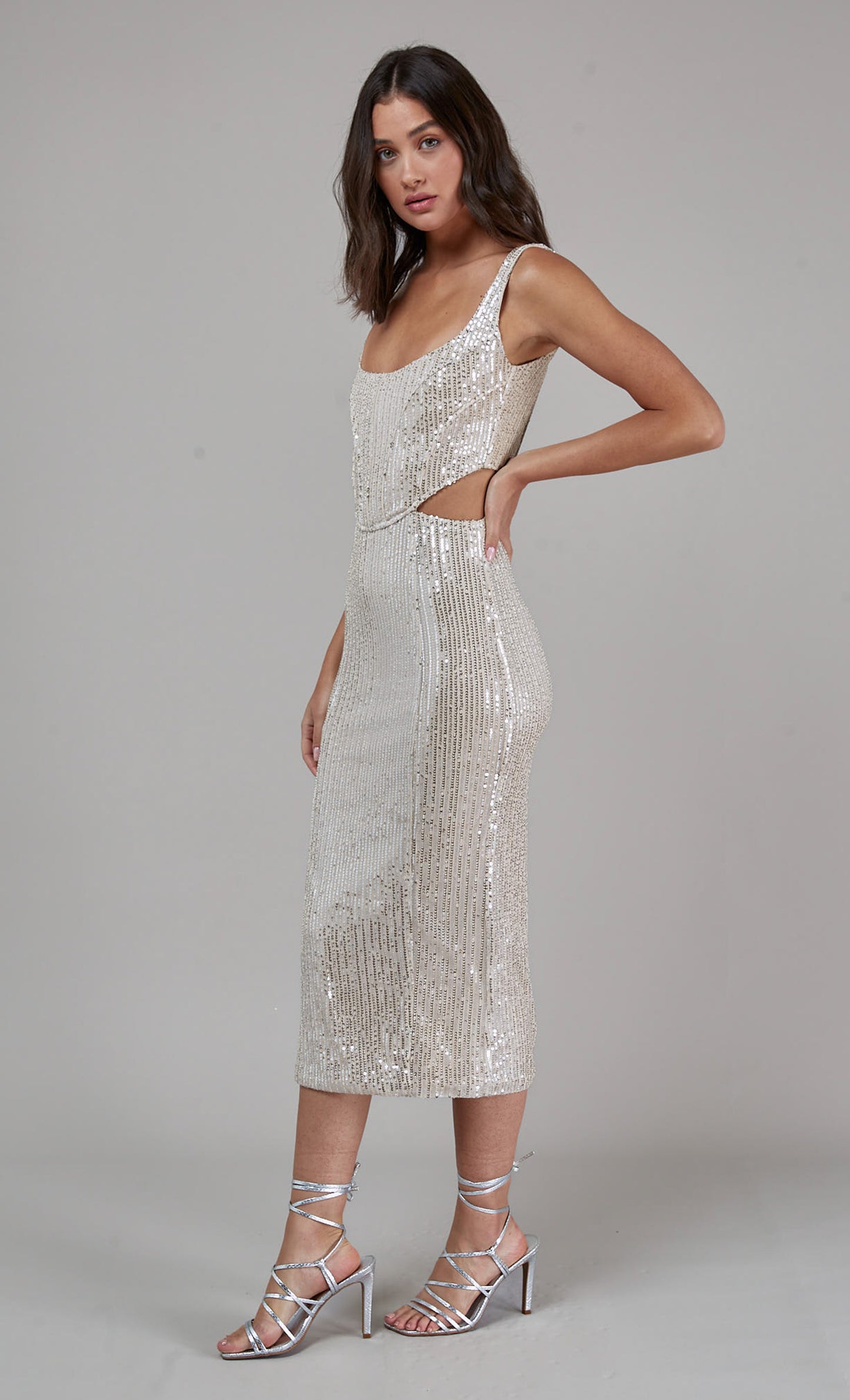 midi sequin dresses uk Marie Long Sleeve Sequin Midi Dress Silver