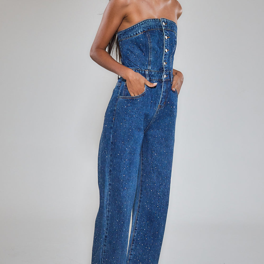 
                      
                        Diamante Denim Bandeau Jumpsuit
                      
                    