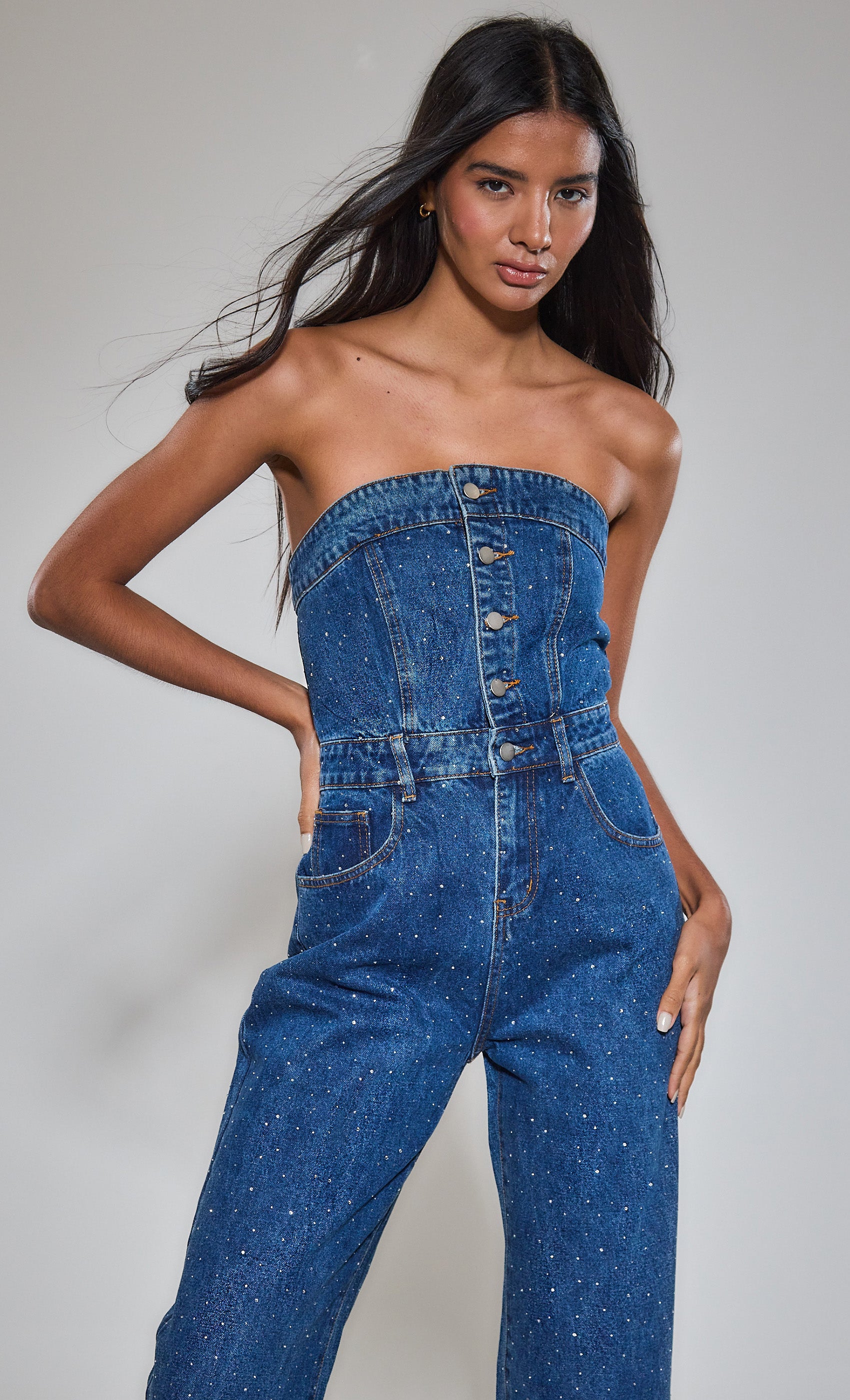 Strapless denim romper on sale