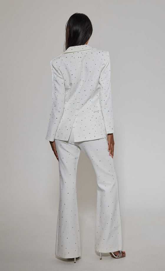White Diamante Embellished Flared Trousers