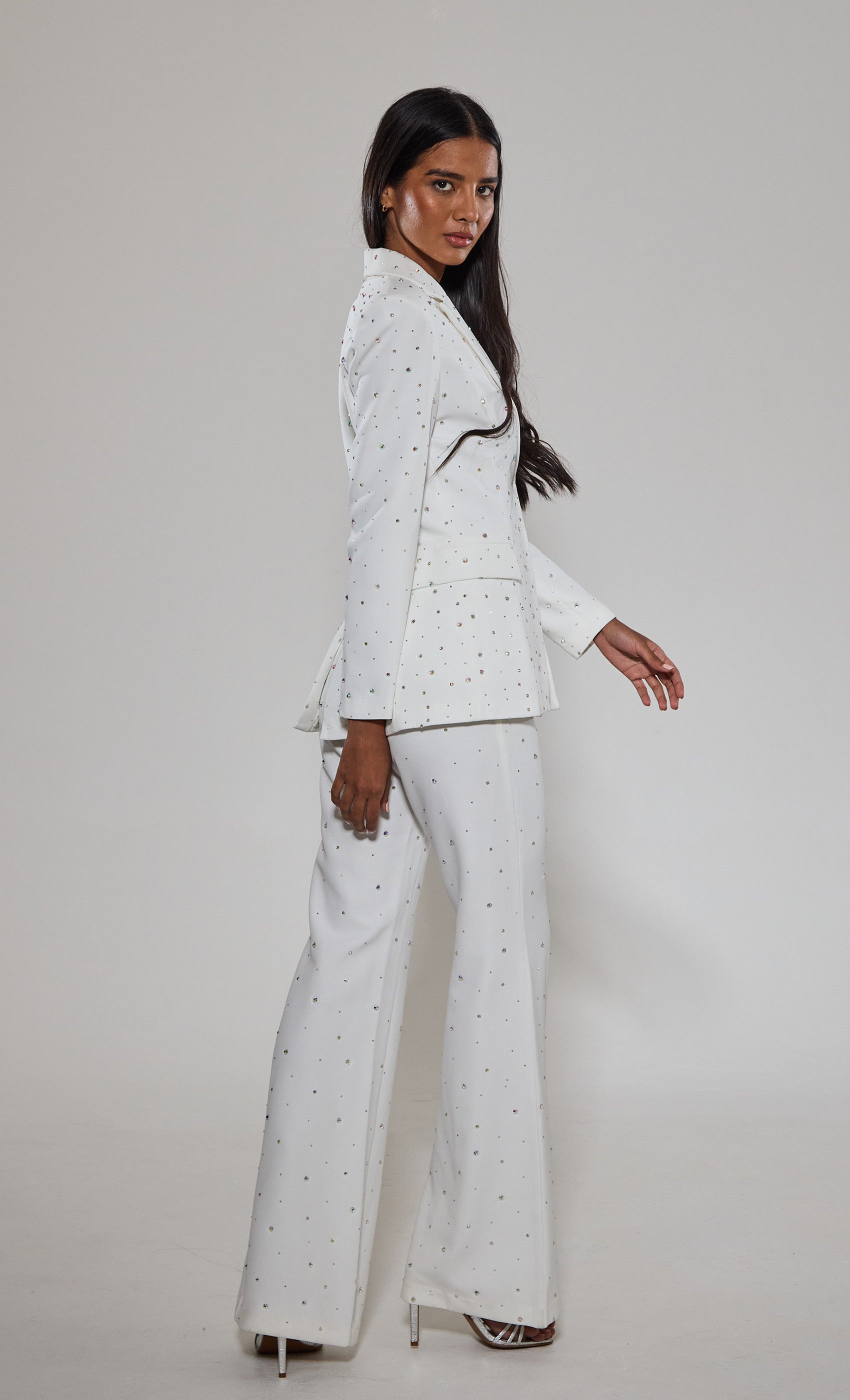 White Diamante Embellished Flared Trousers – Rare London