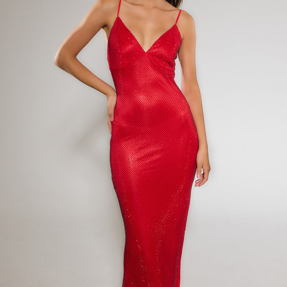 Red Diamante Mesh Maxi Dress