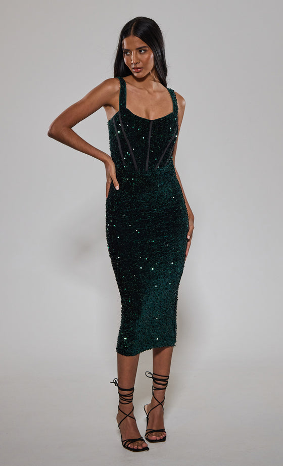 Emerald Sequin Corset Velvet Midaxi Dress