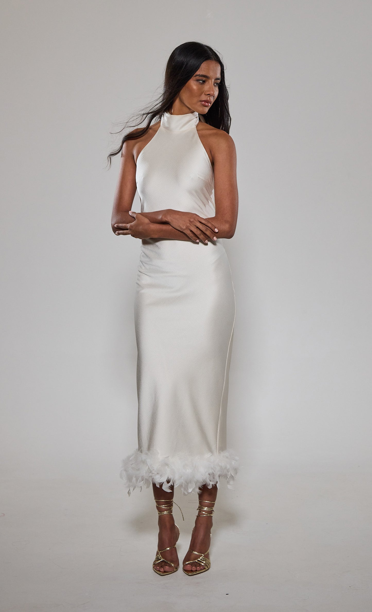 Cream High Neck Feather Trim Maxi Dress