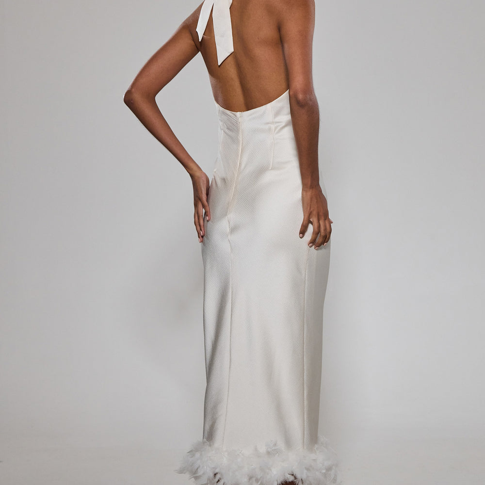 
                      
                        Cream High Neck Feather Trim Maxi Dress
                      
                    