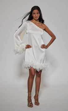  Cream One Shoulder Feather Mini Dress