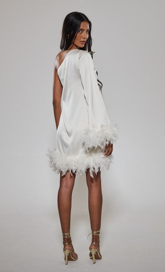 Cream One Shoulder Feather Mini Dress
