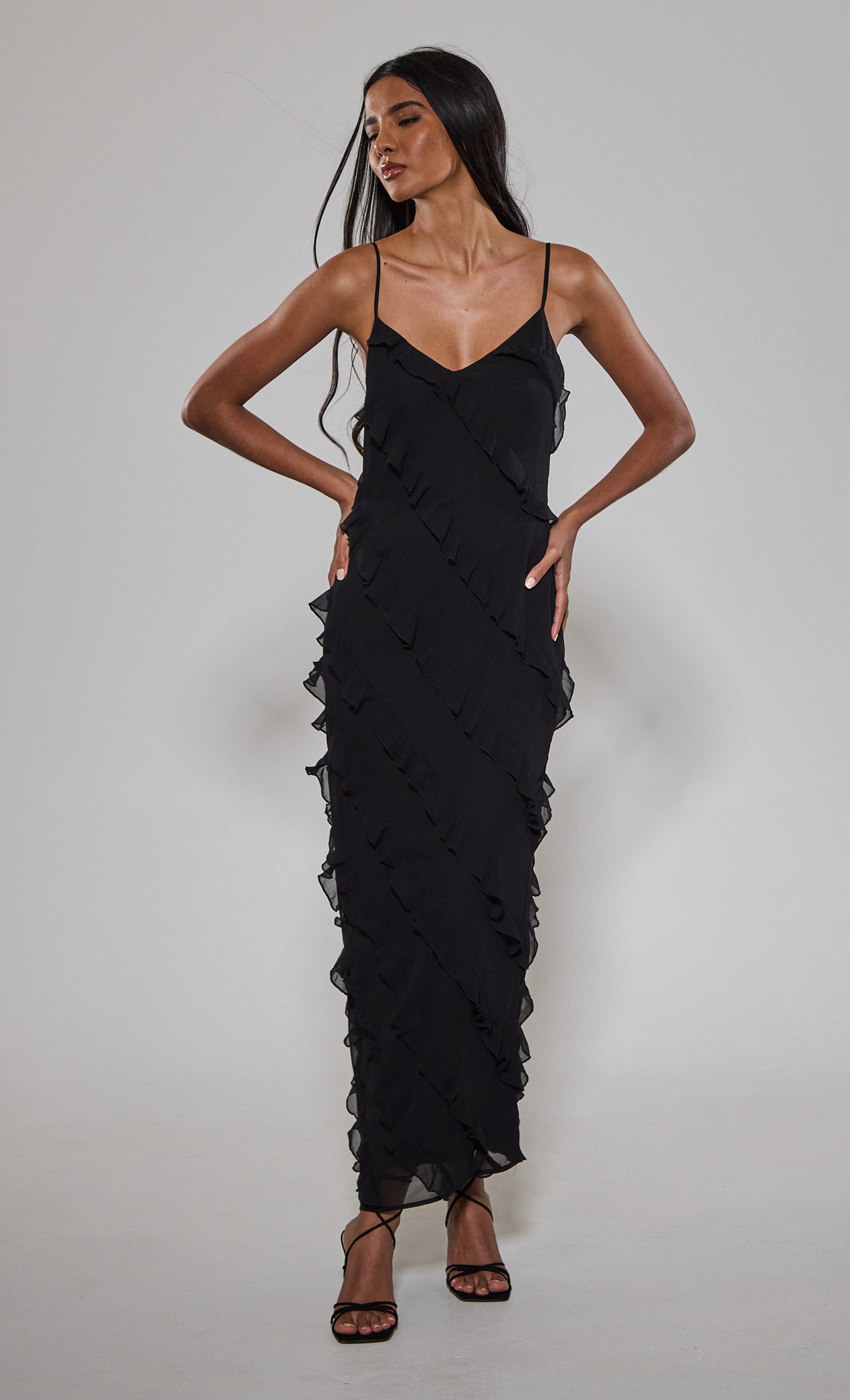 Black Frill Detail Maxi Dress – Rare London