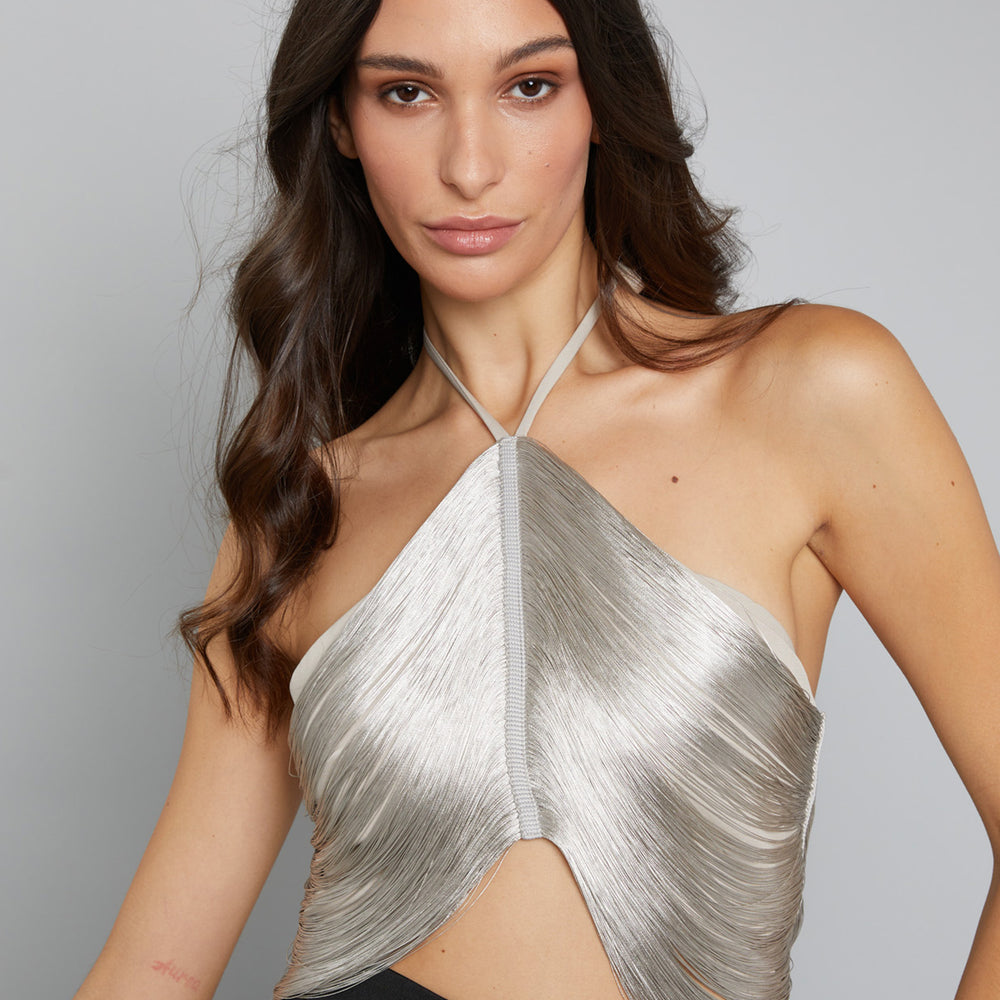 
                      
                        Silver Fringe Halter Neck Top
                      
                    