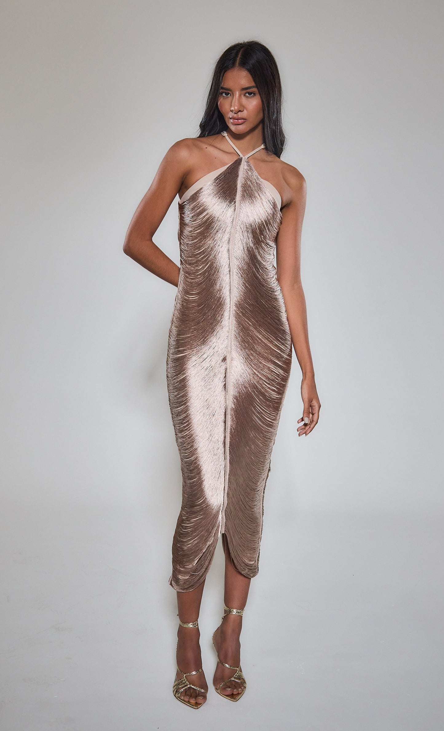Gold Fringe Tassel Maxi Dress Gold Fringe Detail Halter Maxi Dress Rare London Gold Fringe Tassel Maxi Dress Gold Fringe Detail Halter Maxi Dress Rare London