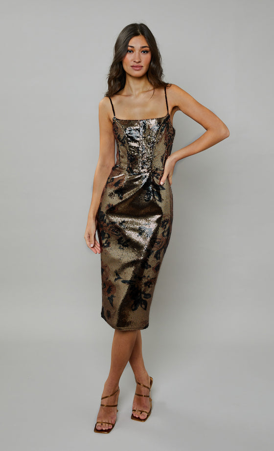 Gold Sequin Floral Corset Midi Dress – Rare London