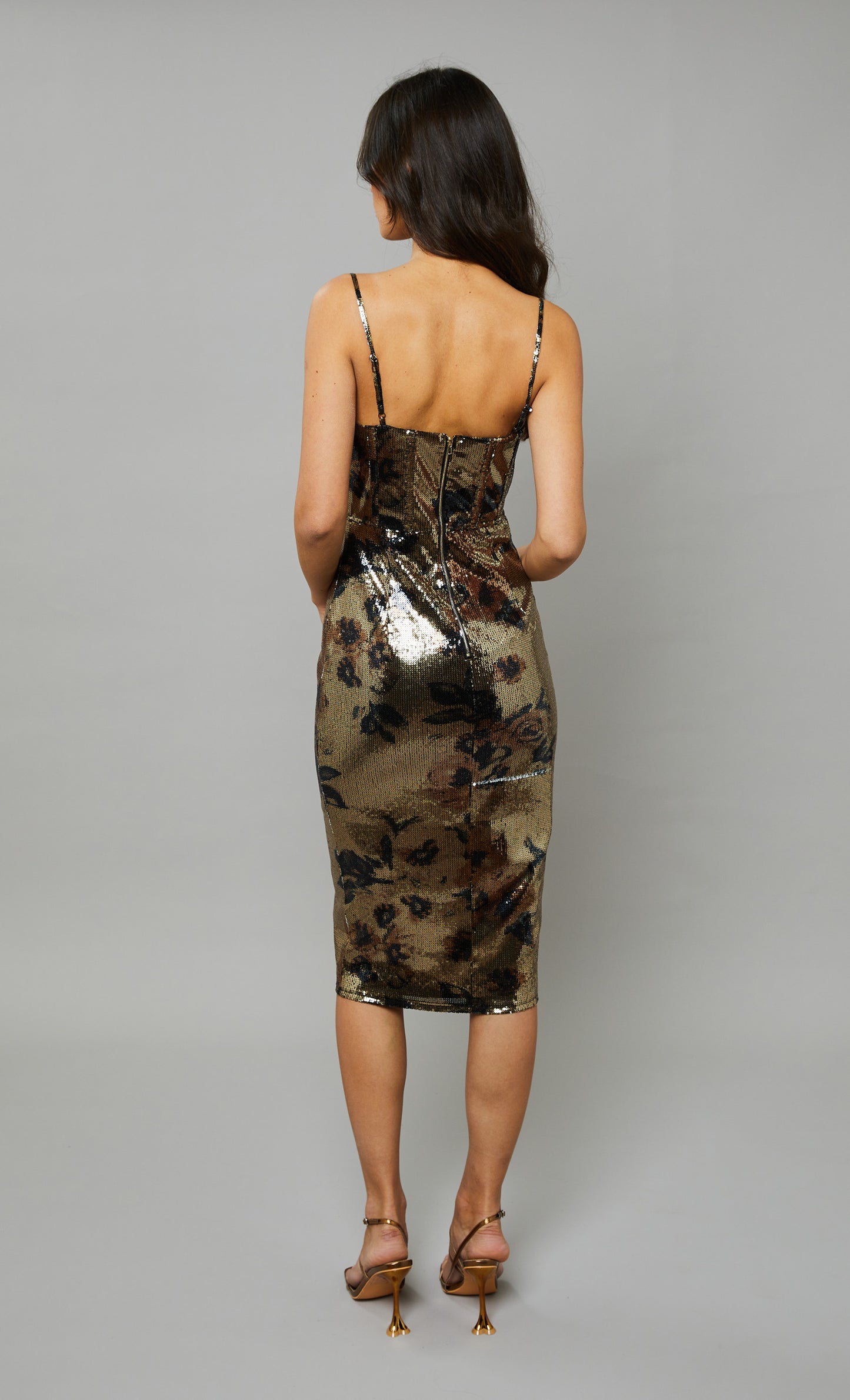 Gold Sequin Floral Corset Midi Dress – Rare London