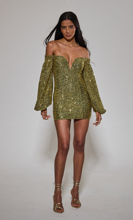 Gold Sequin Off The Shoulder Dress