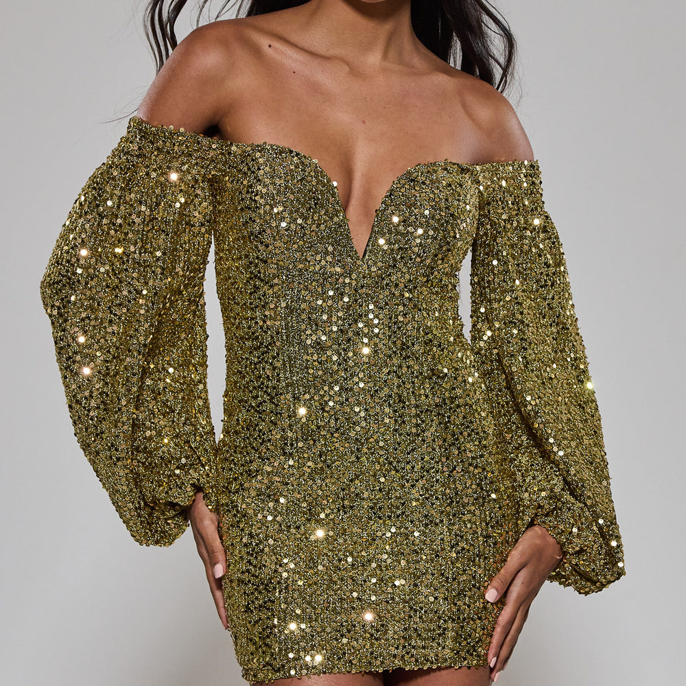 
                      
                        Gold Sequin Off The Shoulder Dress
                      
                    