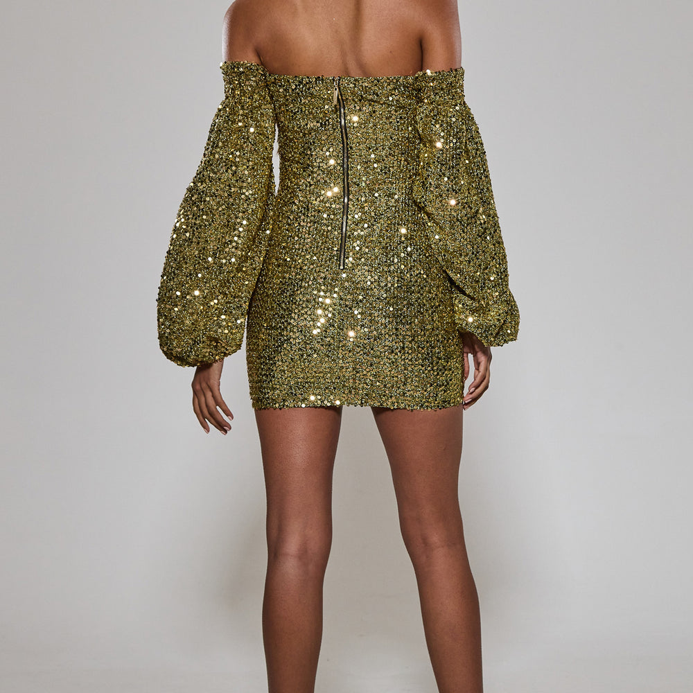 
                      
                        Gold Sequin Off The Shoulder Dress
                      
                    