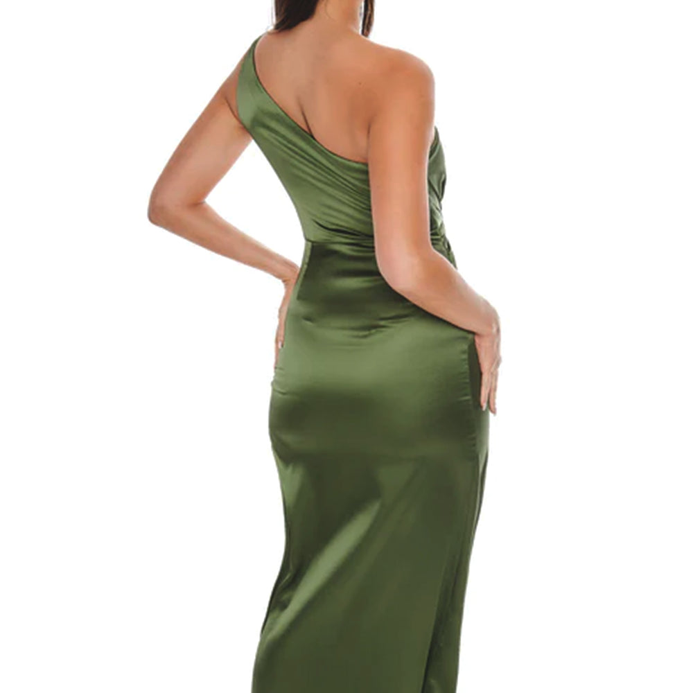 
                      
                        Khaki Satin One Shoulder Ring Dress
                      
                    