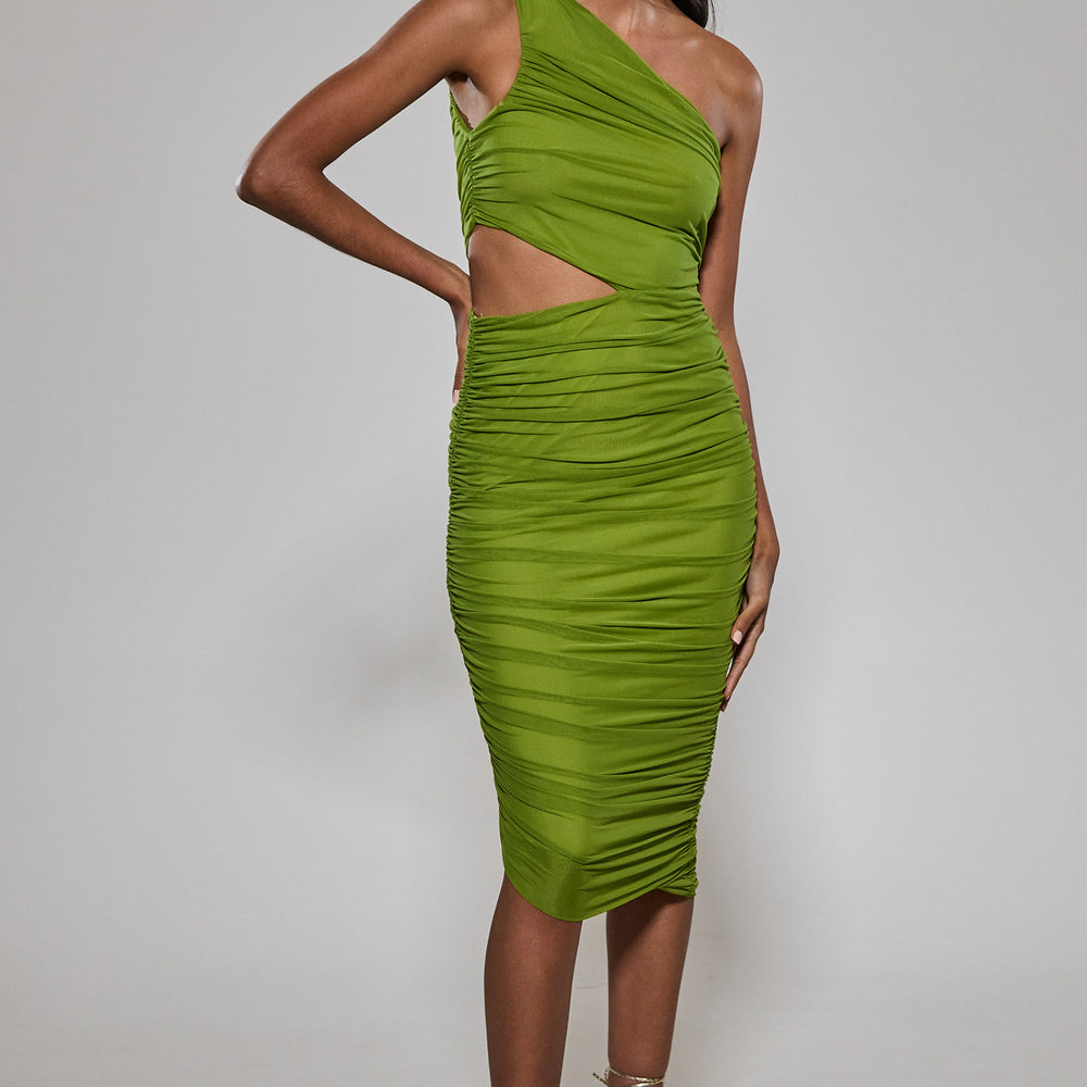 Green One Shoulder Ruched Midi Dress