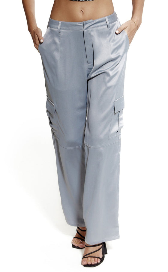 Silver Satin Cargo Trousers