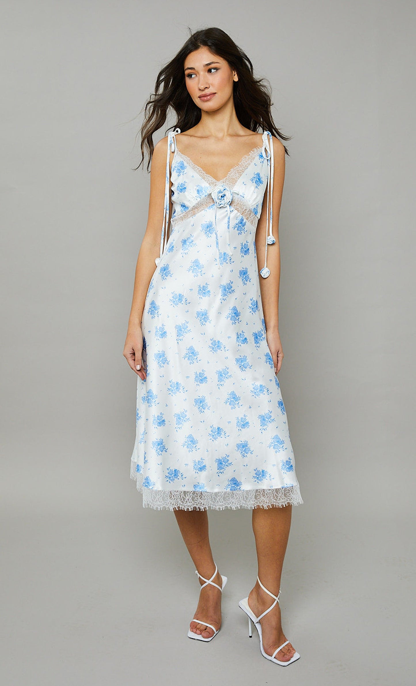 Blue Cami-floral Lace Slip Midi Dress Rare London Blue Cami-floral Lace Slip Midi Dress Rare London