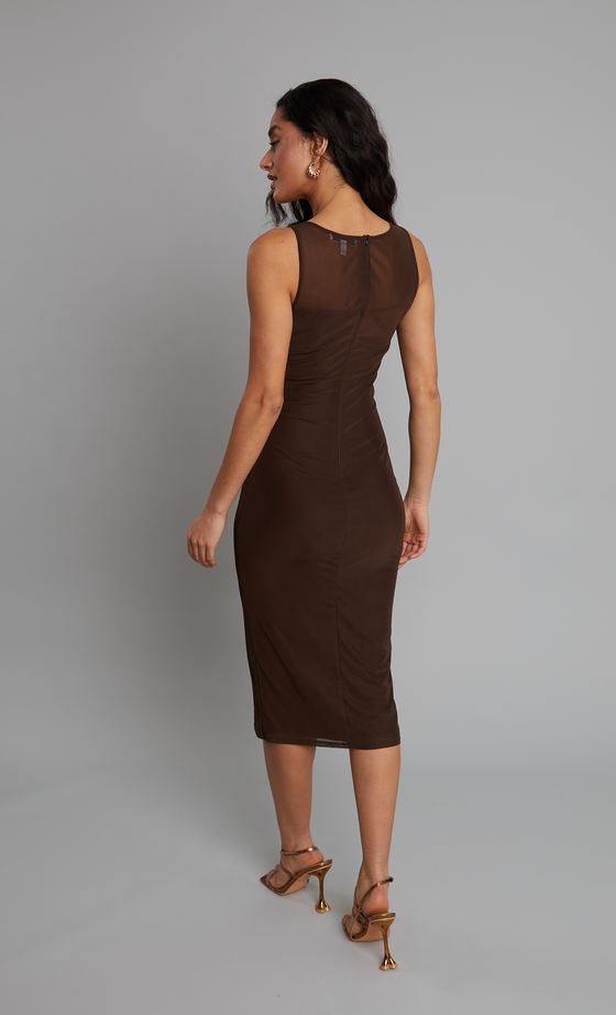 Brown Mesh Twist Bust Midi Dress