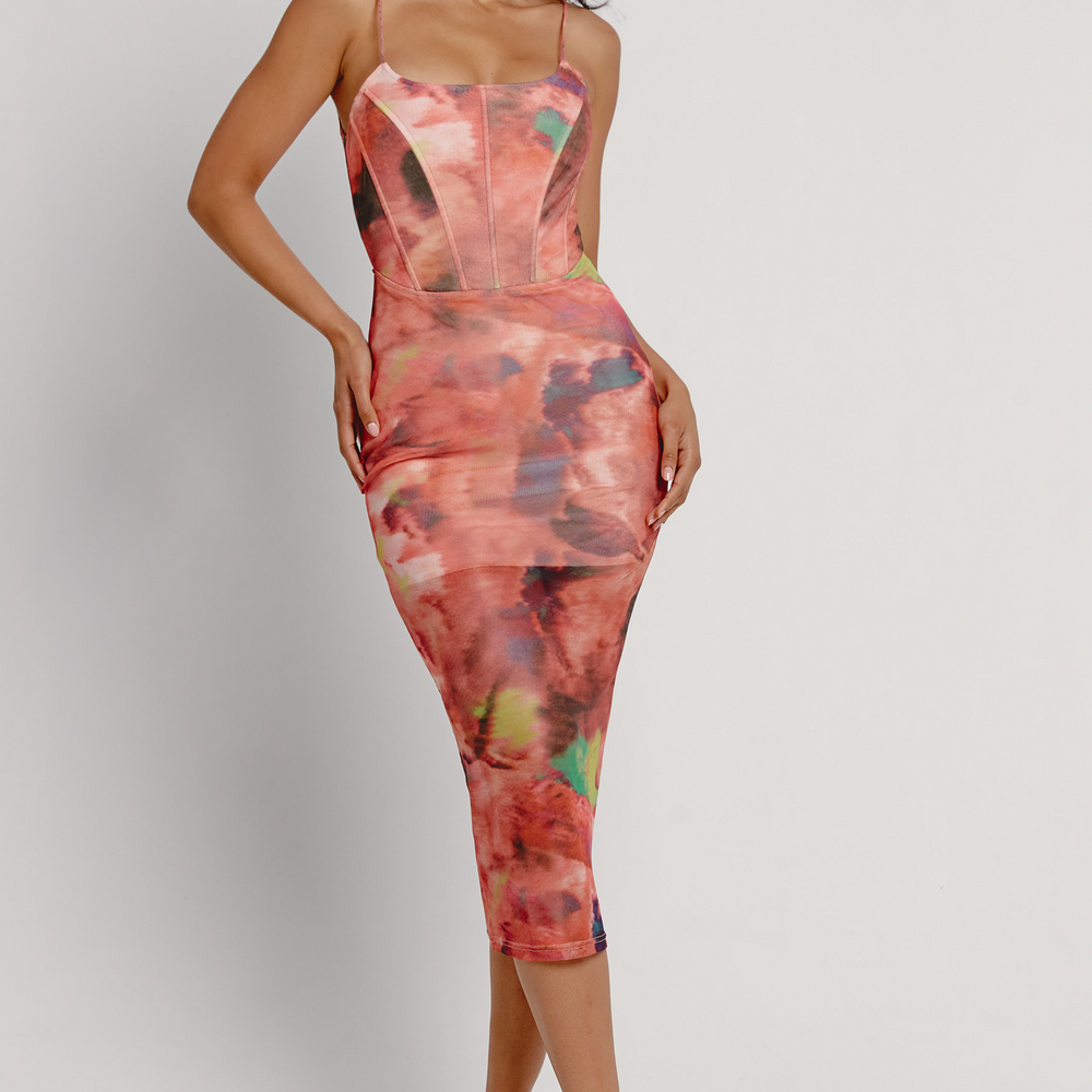 
                      
                        Print Corset Mesh Midi Dress
                      
                    