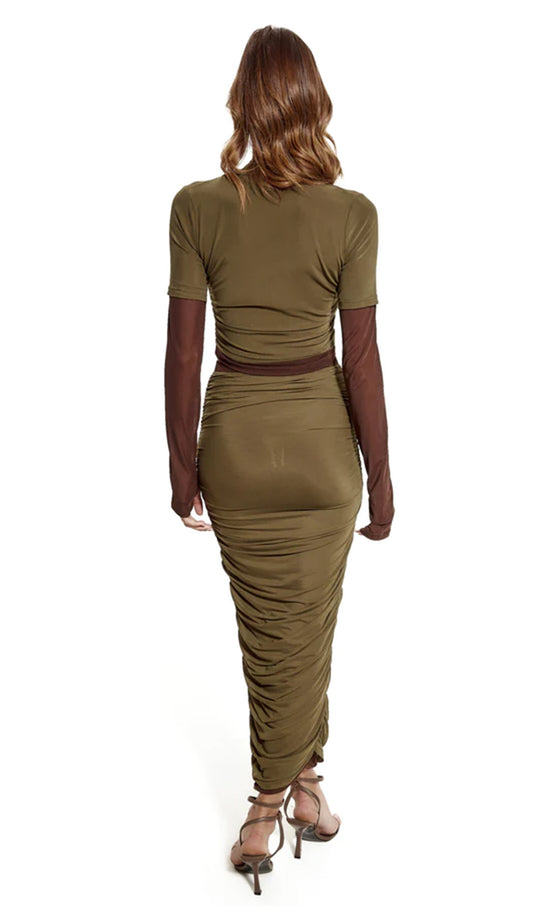 Khaki Mesh Double Layer Midi Skirt