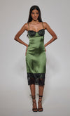 Green Satin Lace Trim Midi Dress