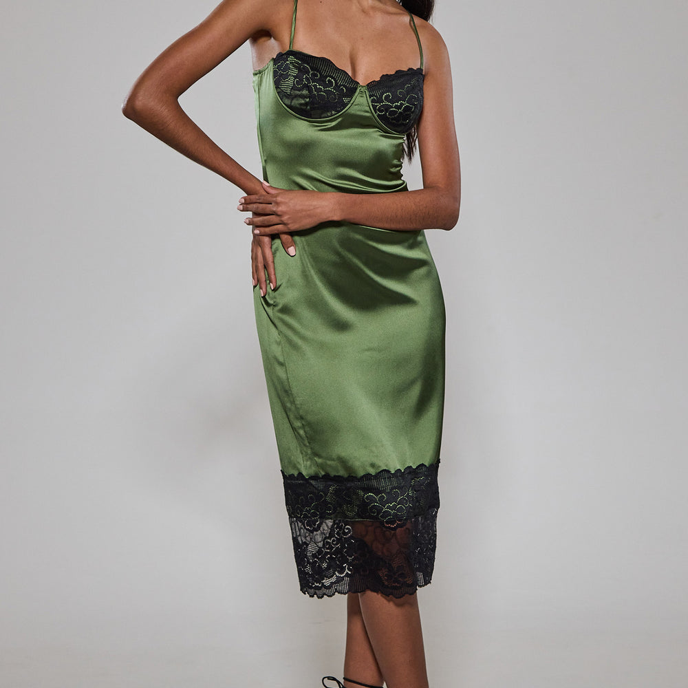 Green Satin Lace Trim Midi Dress