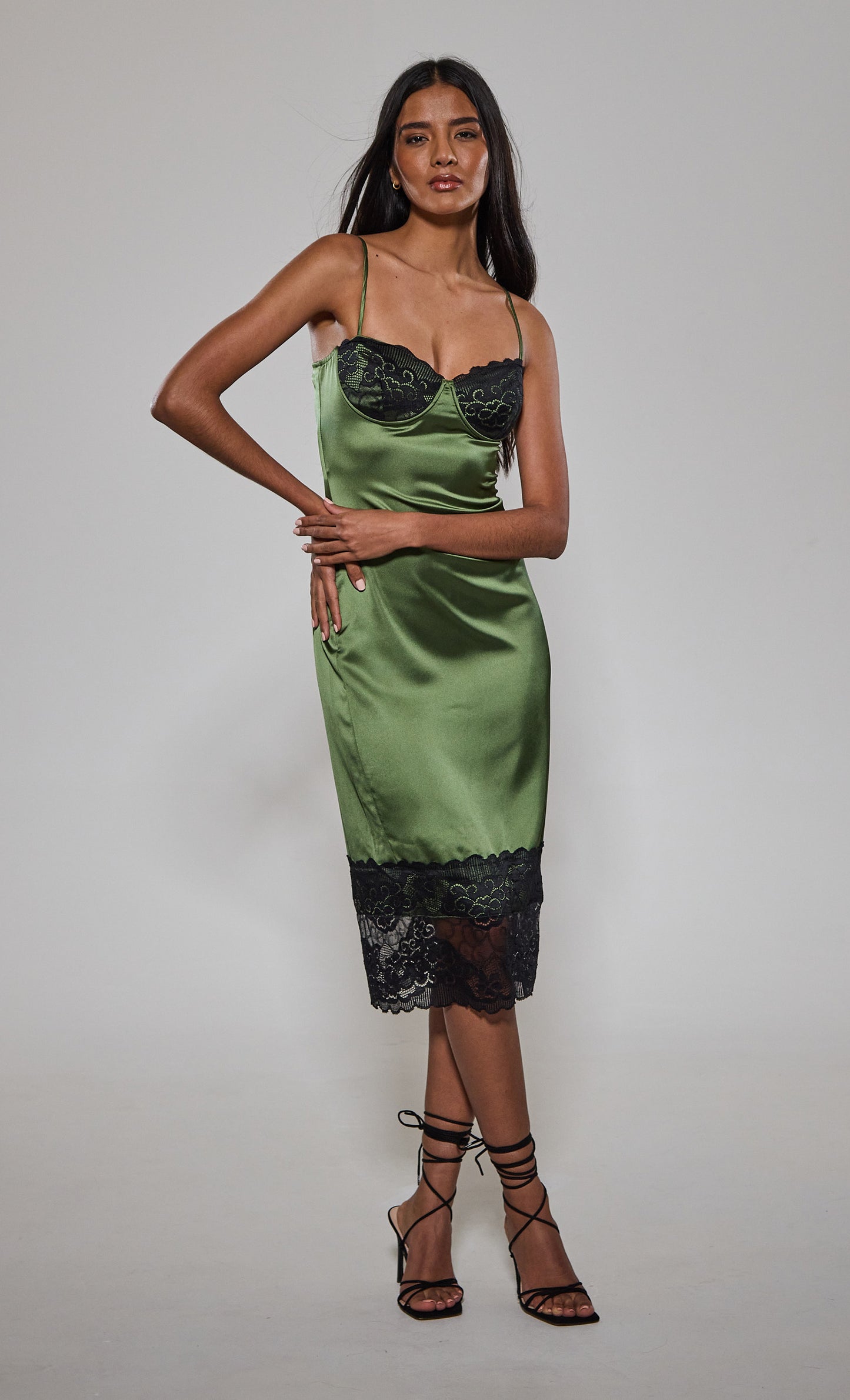 Green Satin Lace Trim Midi Dress