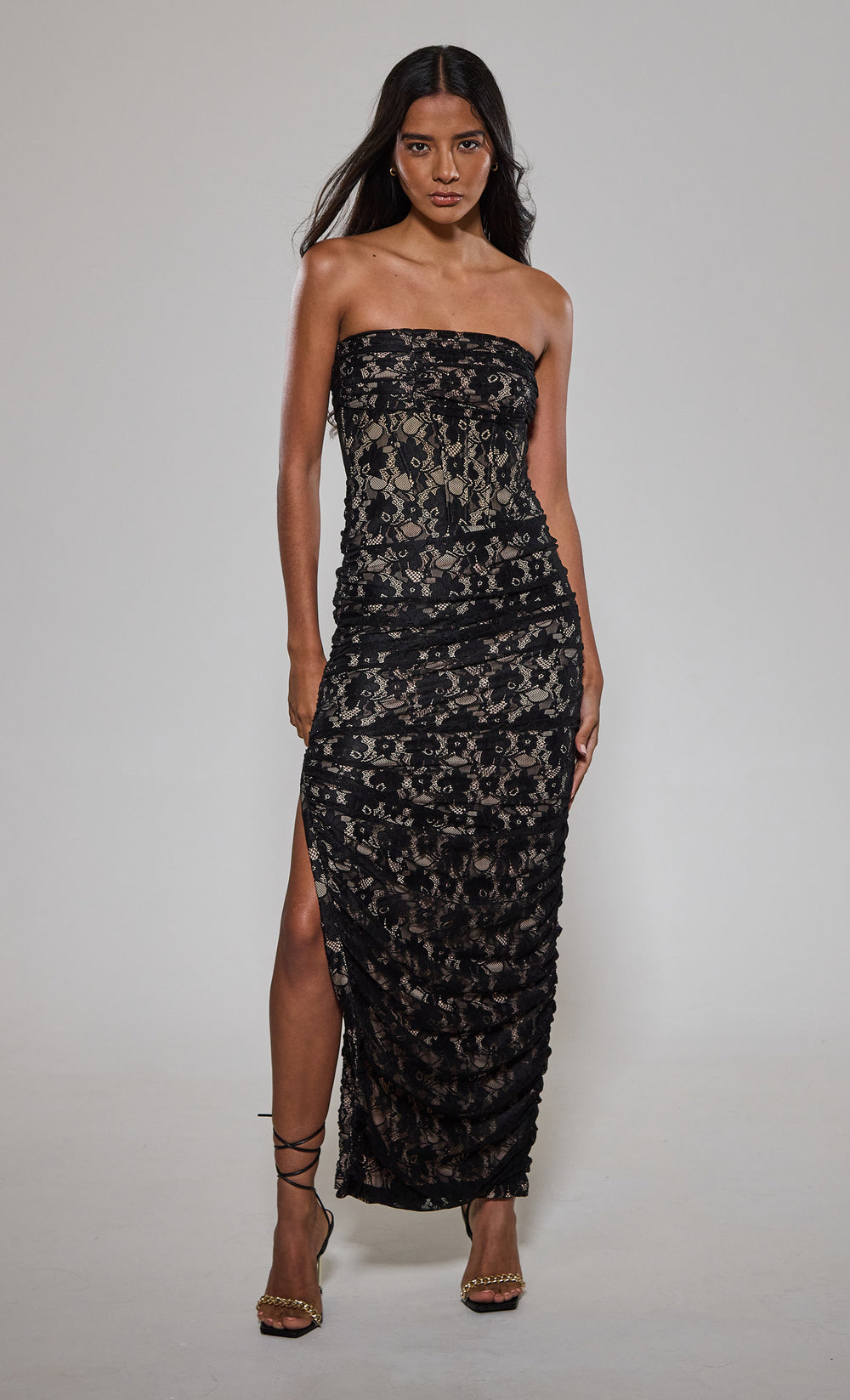 Black Lace Ruched Corset Maxi Dress