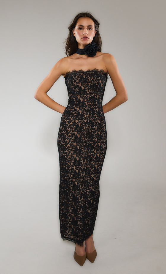 Black Lace Corsage Maxi Dress – Rare London