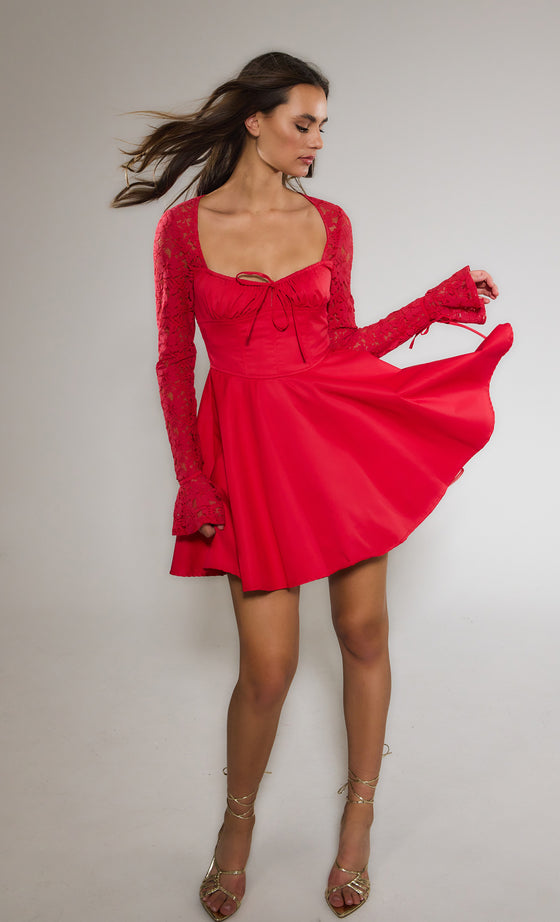 Red Lace Sleeve Corset Mini Dress