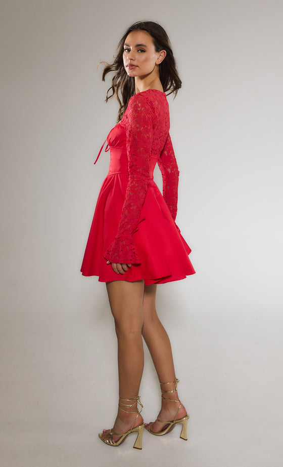 Red Lace Sleeve Corset Mini Dress – Rare London