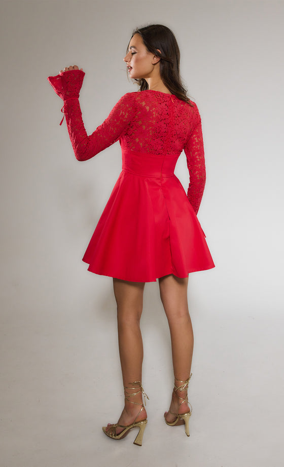 Red Lace Sleeve Corset Mini Dress