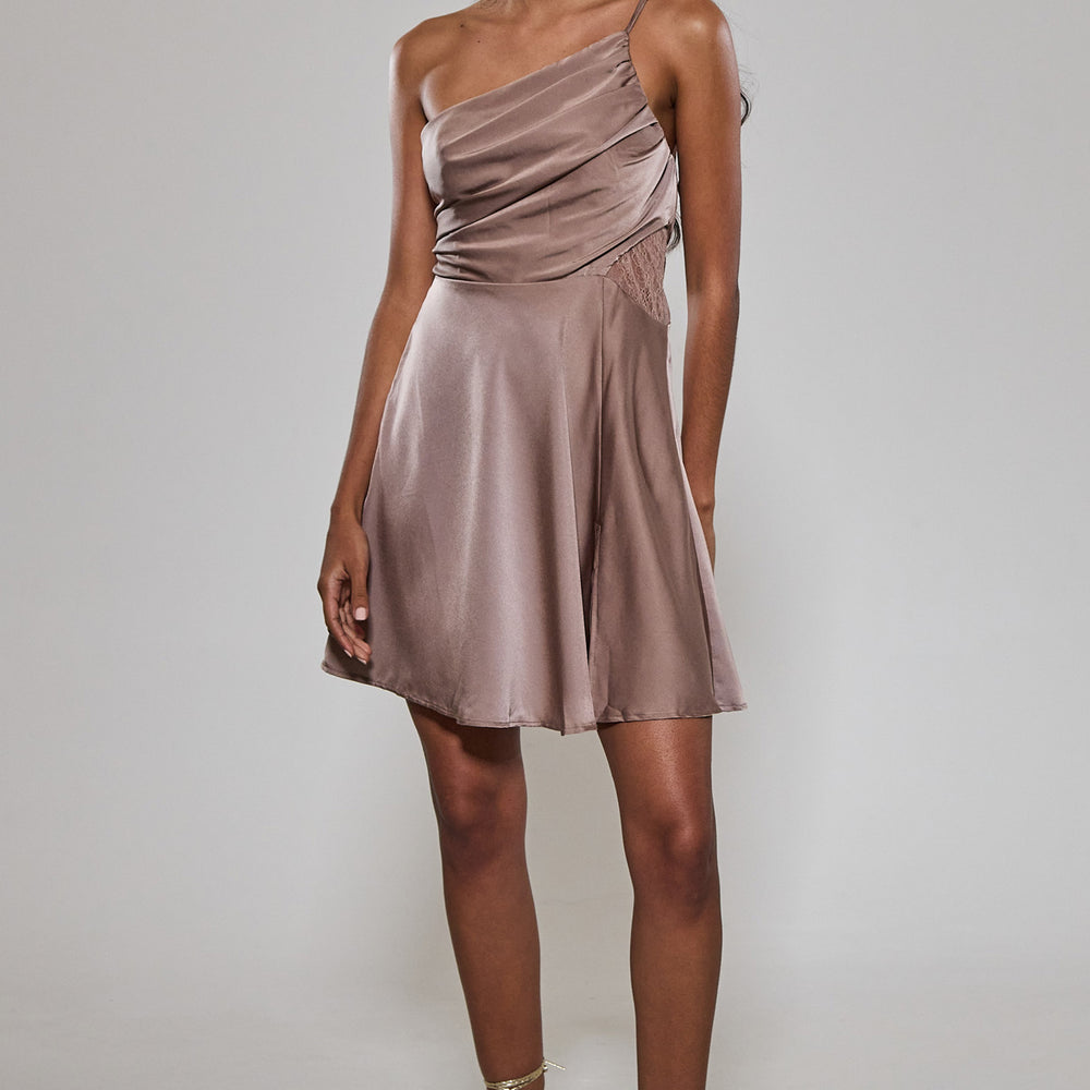 Mink One Shoulder Satin Mini Dress