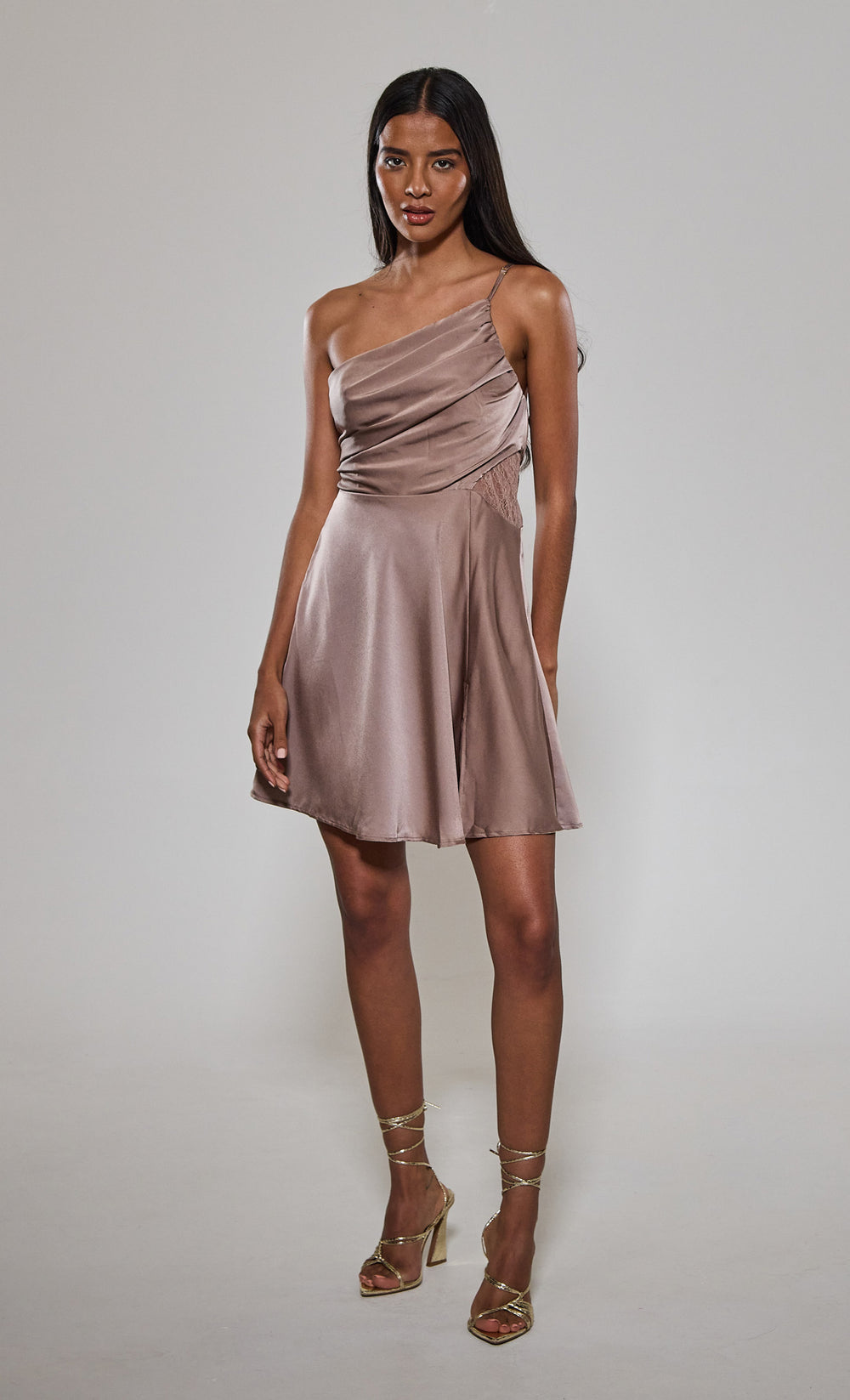 Mink One Shoulder Satin Mini Dress