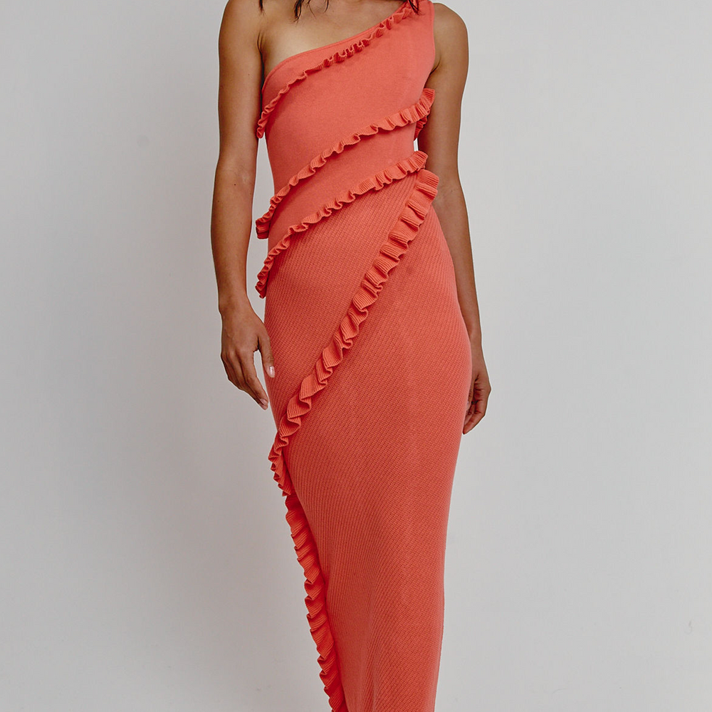 Coral Asymmetric Ruffle Knit Maxi Dress