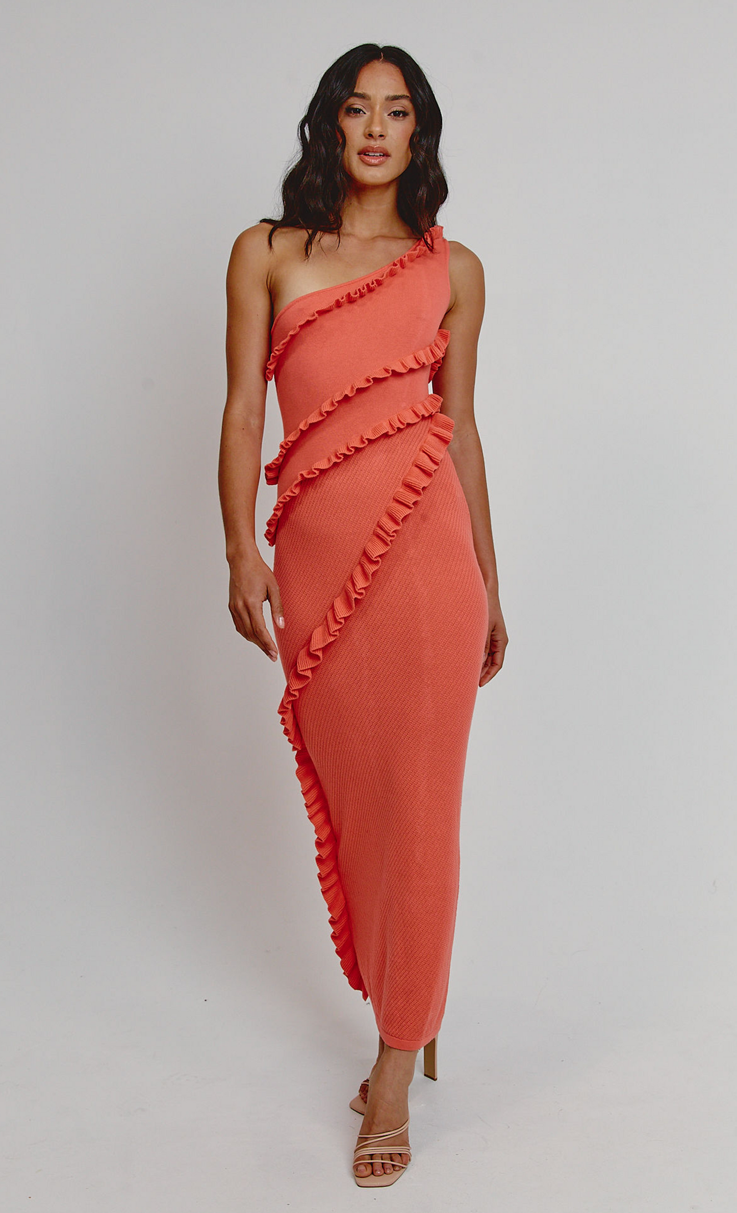 Coral Asymmetric Ruffle Knit Maxi Dress Rare London Coral Asymmetric Ruffle Knit Maxi Dress Rare London
