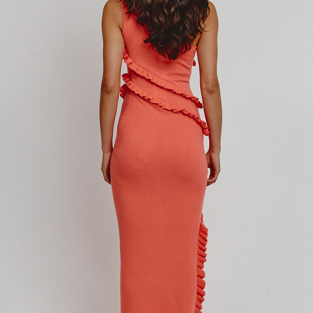 
                      
                        Coral Asymmetric Ruffle Knit Maxi Dress
                      
                    