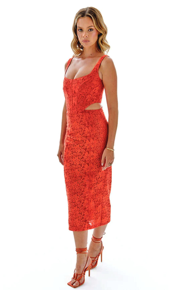 Orange Lace Corset Midi Dress