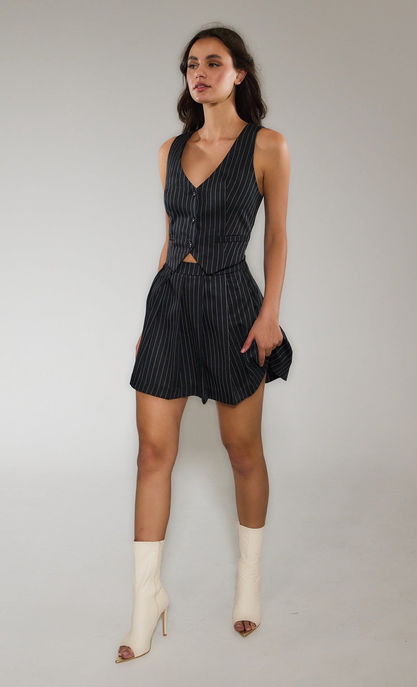 Pinstripe Pleated Waistcoat Mini Dress