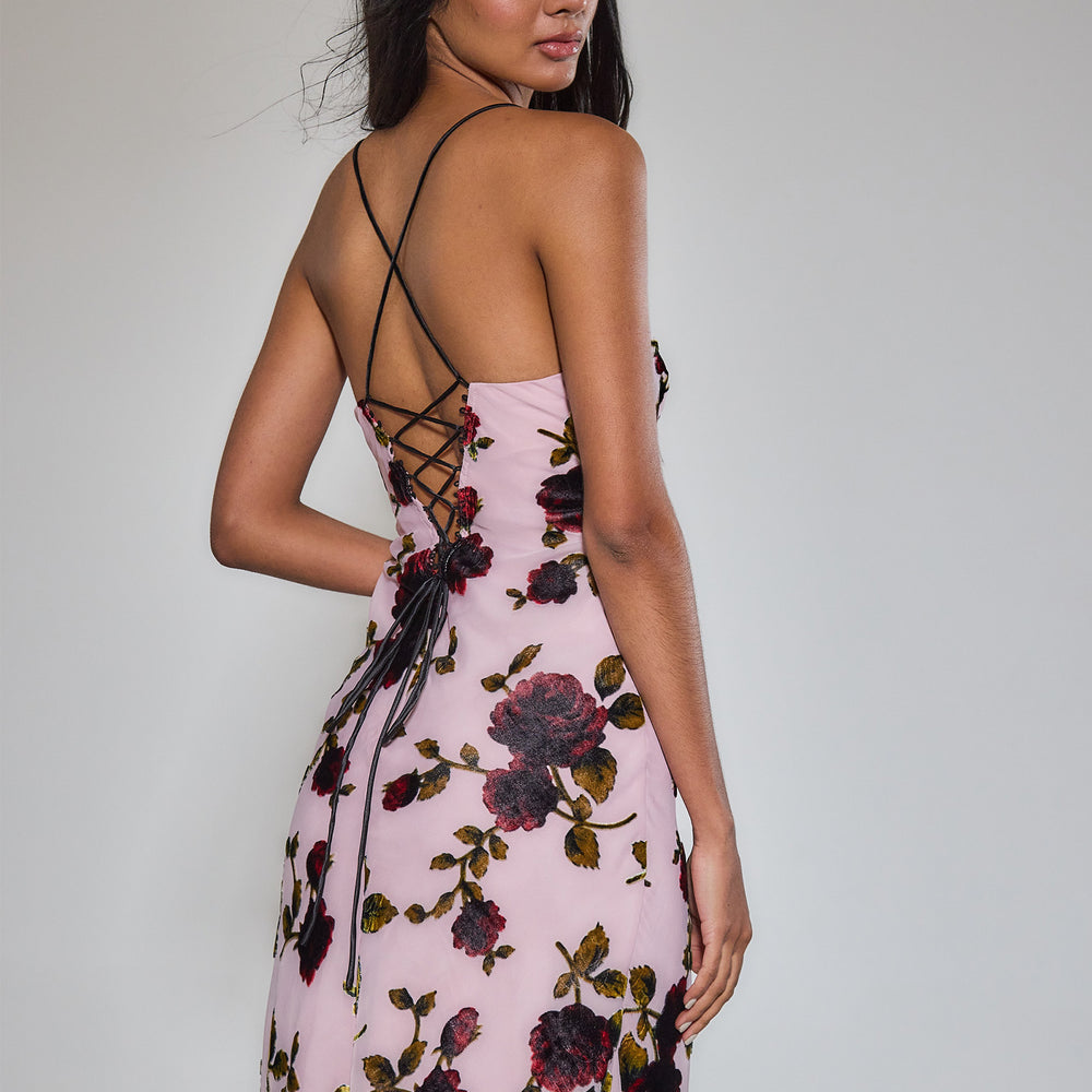 
                      
                        Pink Rose Devore Lace-Up Midi Dress
                      
                    