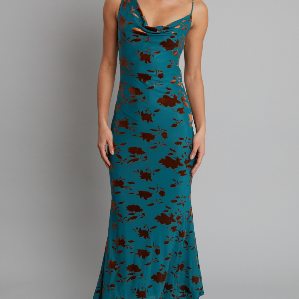 Teal Burnt Devore Asymmetric Maxi Dress