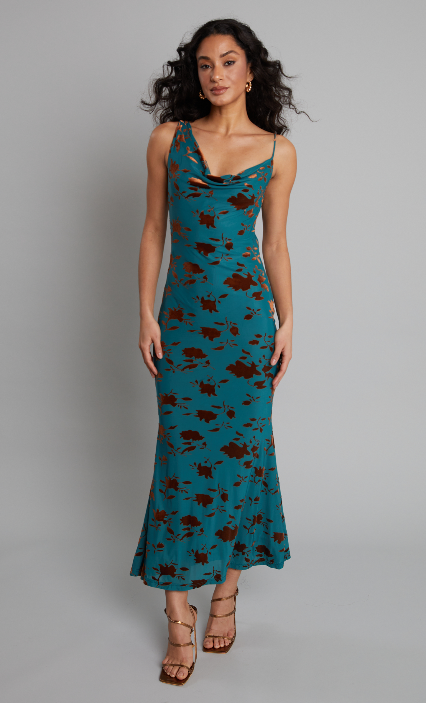 Teal Burnt Devore Asymmetric Maxi Dress