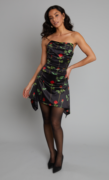  Black Rose Print Pleated Bustier Mini Dress