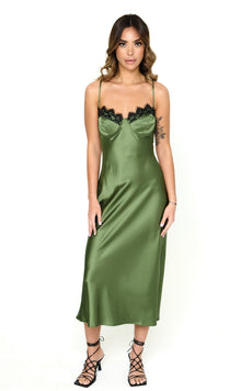  Green Lace Detail Satin Slip Dress