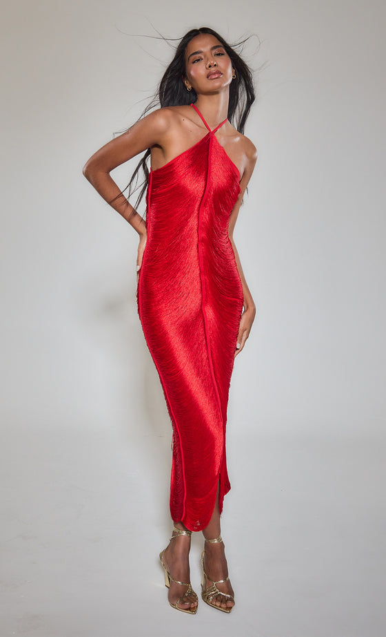 Red Fringe Detail Halter Neck Maxi Dress