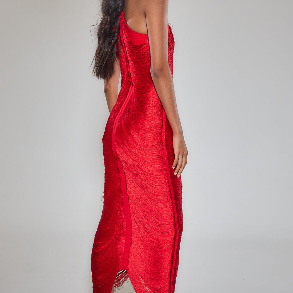 
                      
                        Red Fringe Detail Halter Neck Maxi Dress
                      
                    