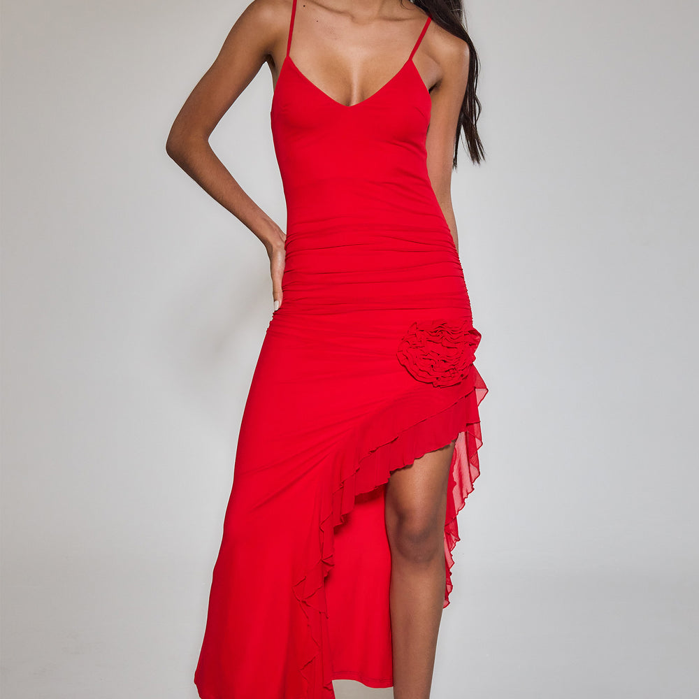 
                      
                        Red Corsage Ruffle Detail Maxi dress
                      
                    