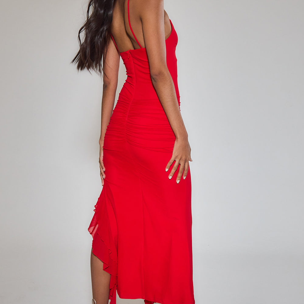 
                      
                        Red Corsage Ruffle Detail Maxi dress
                      
                    